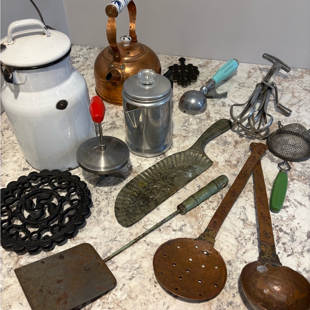 Vintage Kitchen Utensil Set with Copper and White Accents